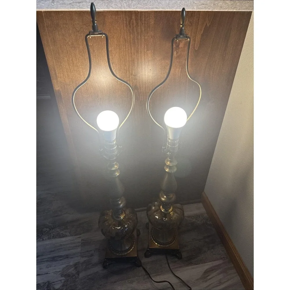 Set Of 2 Vintage Brass Table Lamps Amber Glass Globe 35